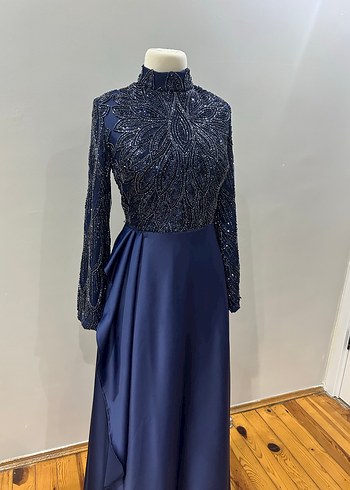 Uzun Lacivert Drapeli Abiye Elbise - Görsel 2