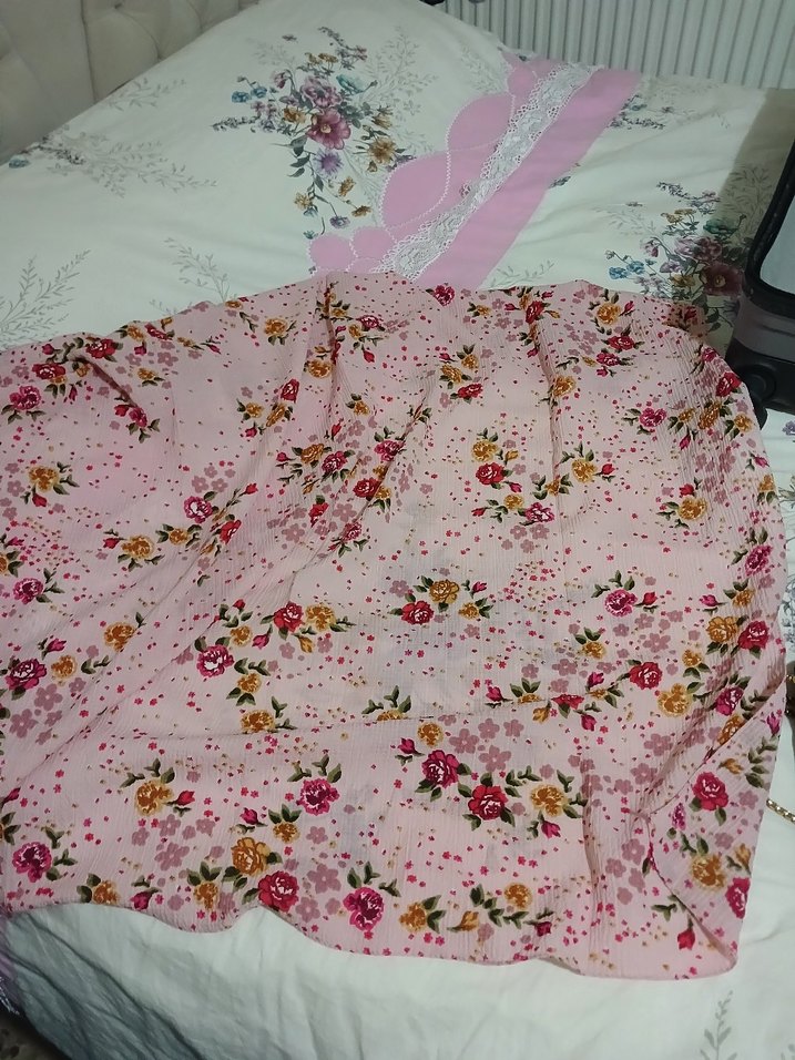 Pembe Çiçek Desenli Fırfırlı Kadın  pamuk eşarp - Görsel 3