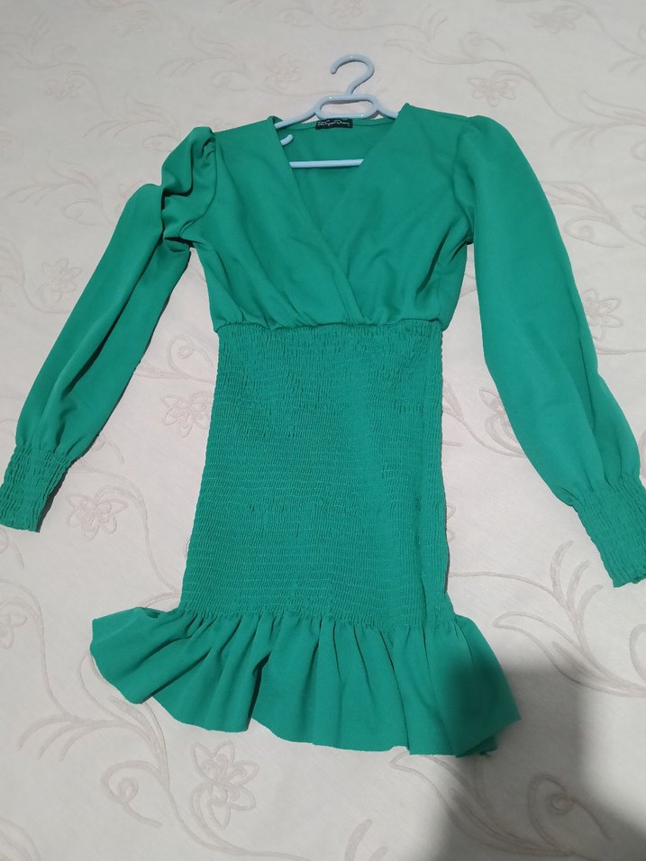 Yeşil Mini Elbise, Uzun Kollu, Fırfırlı - Görsel 2