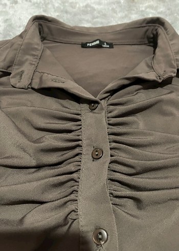 Düğmeli Uzun Kollu Kahverengi Bluz - Görsel 2