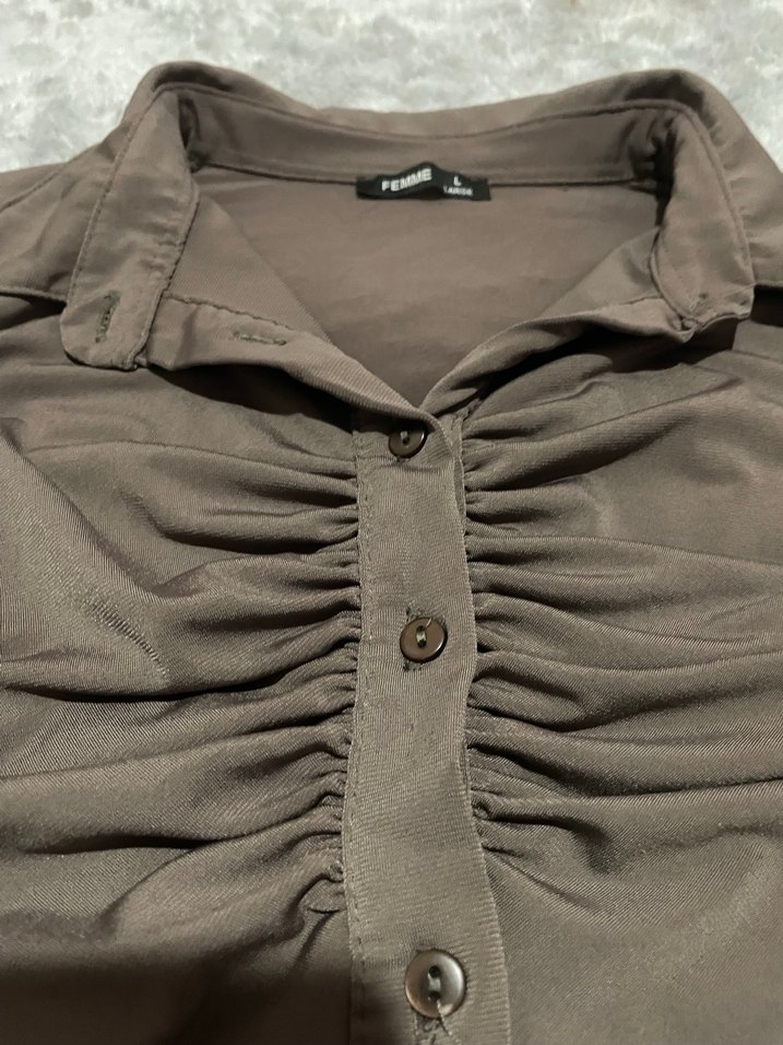 Düğmeli Uzun Kollu Kahverengi Bluz - Görsel 2