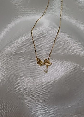 Çelik Zincir Gold Damla Zirkon Taşlı Minimal Kelebek Kolye - Görsel 2
