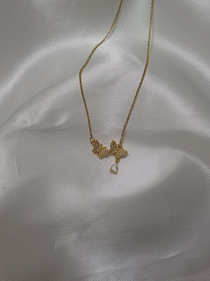 Çelik Zincir Gold Damla Zirkon Taşlı Minimal Kelebek Kolye - Görsel 2