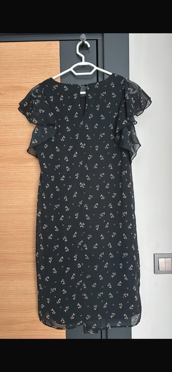 Çiçek desenli Siyah Midi Rahat Kesim Fırfırlı Elbise - Görsel 2