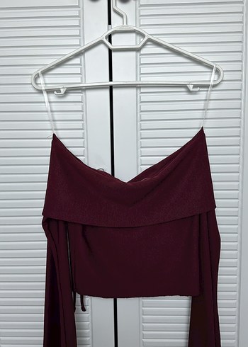 Bordo Straplez Uzun Kollu Kelebek İşlemeli Mini Bluz - Görsel 2