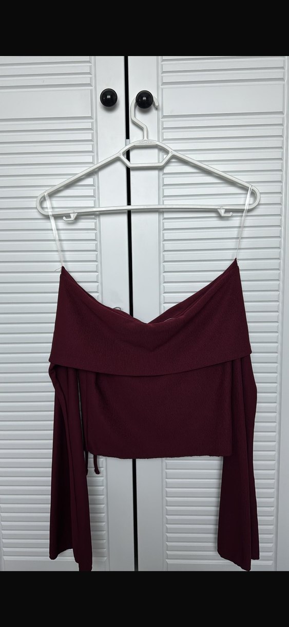 Bordo Straplez Uzun Kollu Kelebek İşlemeli Mini Bluz - Görsel 2