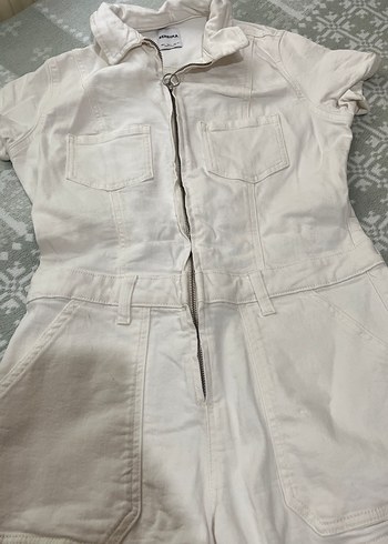 Kadın Beyaz Kısa Kollu Keten Tulum - Görsel 4