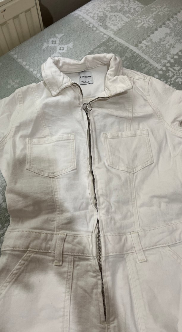 Kadın Beyaz Kısa Kollu Keten Tulum - Görsel 3