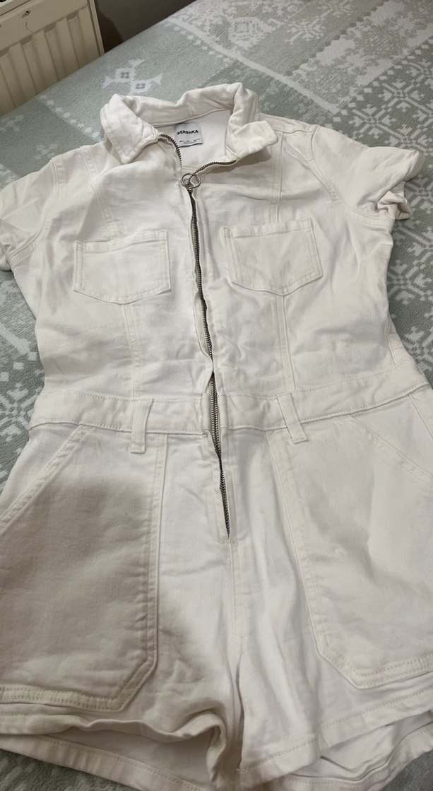 Kadın Beyaz Kısa Kollu Keten Tulum - Görsel 4