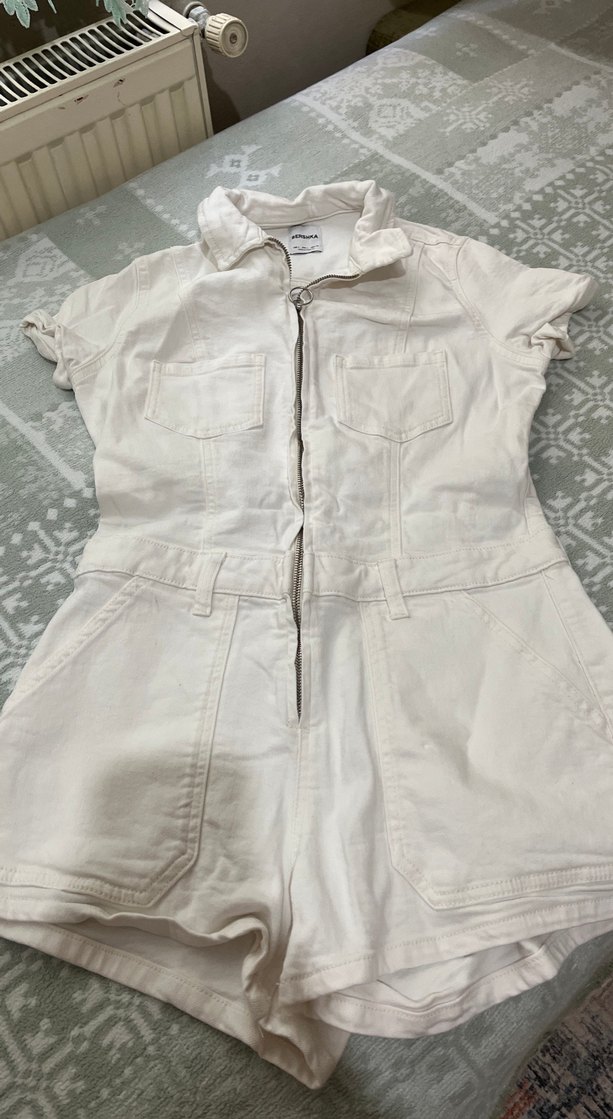 Kadın Beyaz Kısa Kollu Keten Tulum - Görsel 2