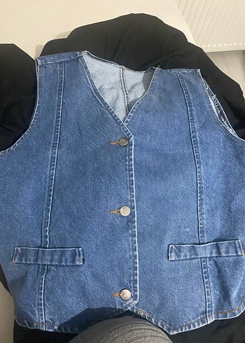 Düğmeli Mavi Kadın Denim Yelek - Görsel 2