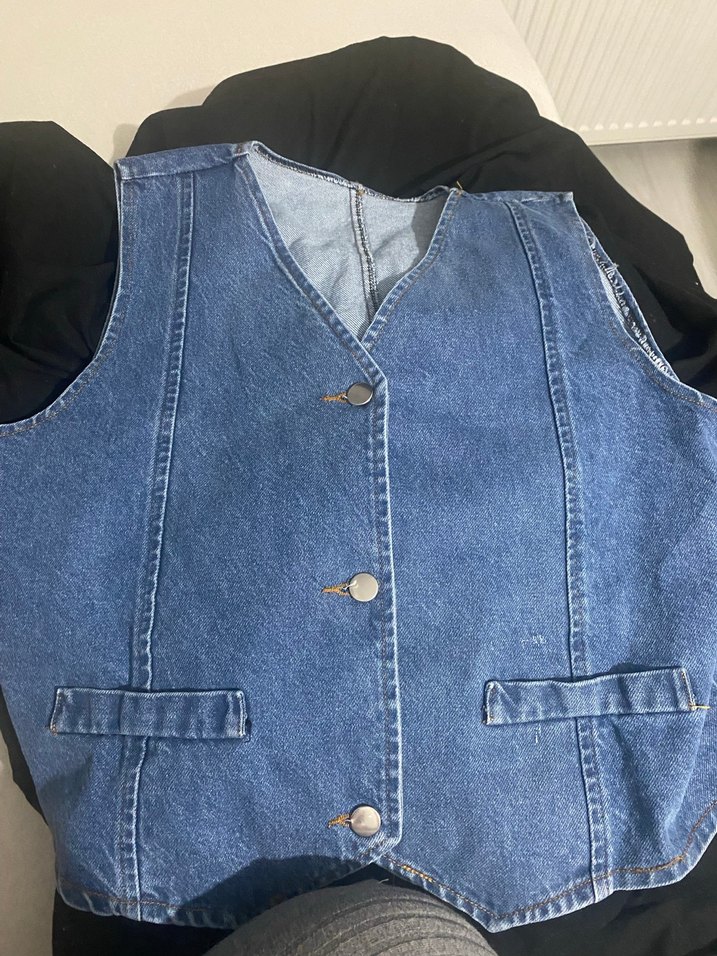 Düğmeli Mavi Kadın Denim Yelek - Görsel 2