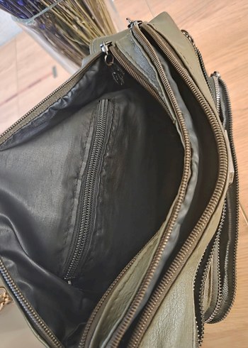 Haki Deri Kadın Çanta Fermuarlı - Görsel 2