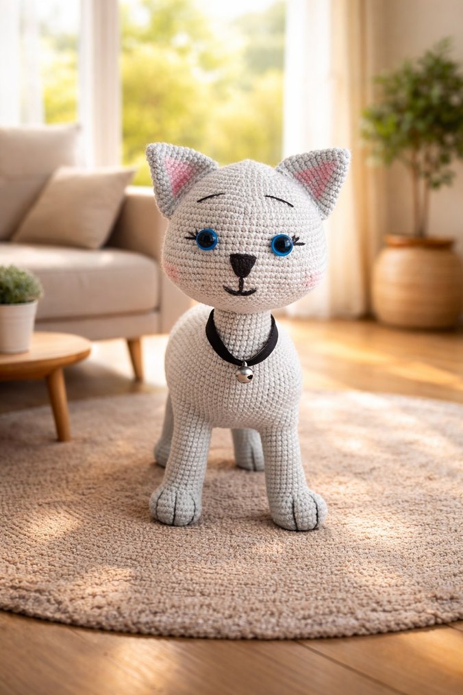 Gri Örgü Kedi Peluş Oyuncak - Görsel 2