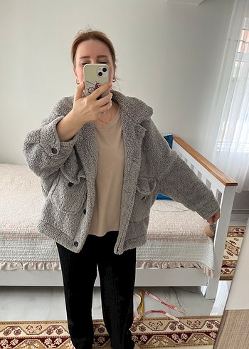 Gri Peluş Kadın Midi Ceket - Görsel 4