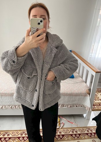 Gri Peluş Kadın Midi Ceket - Görsel 5