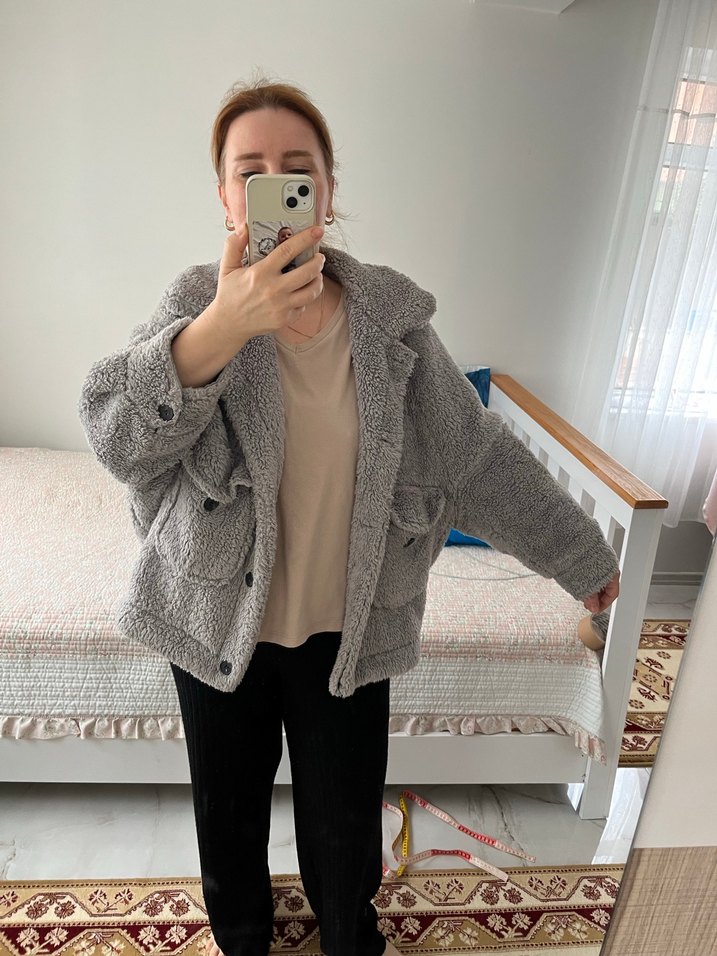 Gri Peluş Kadın Midi Ceket - Görsel 4