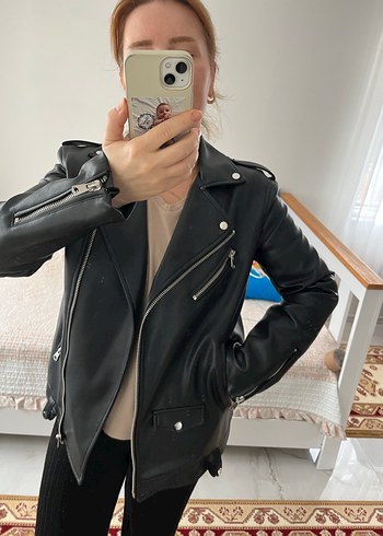 Stradivarius Kadın Siyah Deri Biker Ceket - Görsel 6