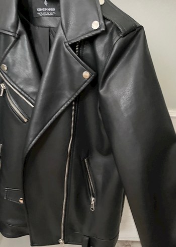 Stradivarius Kadın Siyah Deri Biker Ceket - Görsel 5