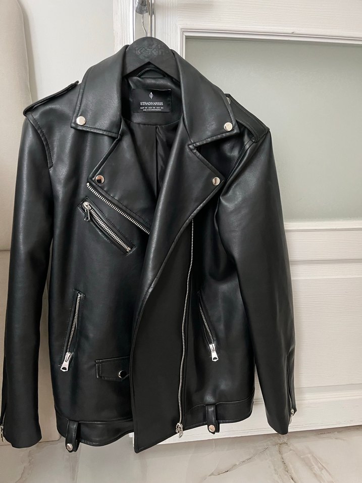 Stradivarius Kadın Siyah Deri Biker Ceket - Görsel 2