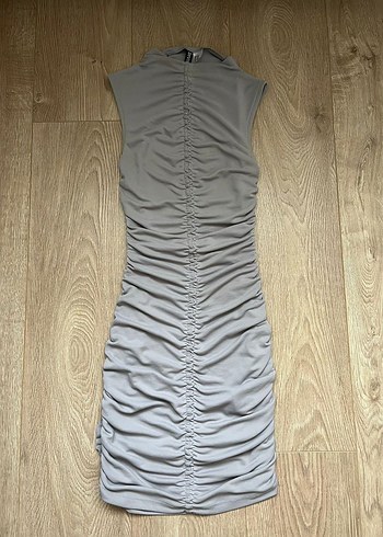 H&M Gri Drapeli Yüksek Yakalı Mini Elbise - Görsel 4