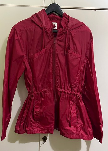 Bordo Kapüşonlu Fermuarlı Kadın Ceket Yağmurluk - Görsel 2