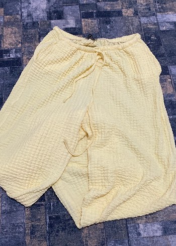 Sarı Midi Keten Bol Kesim Kadın Pantolon - Görsel 4