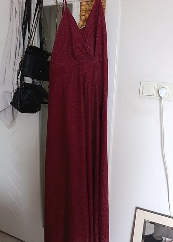 Bordo Uzun Abiye Elbise V Yaka Drapeli - Görsel 2