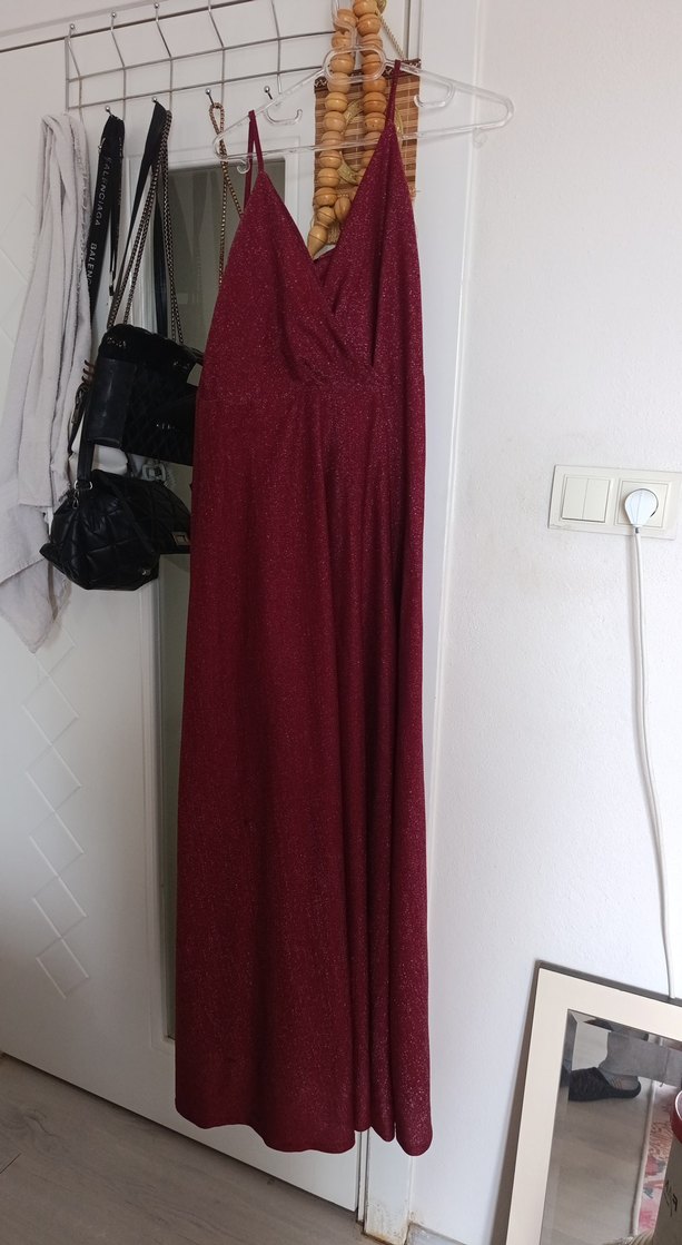 Bordo Uzun Abiye Elbise V Yaka Drapeli - Görsel 2