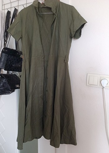 Düğmeli Kısa Kollu Keten Kadın Elbise - Görsel 2