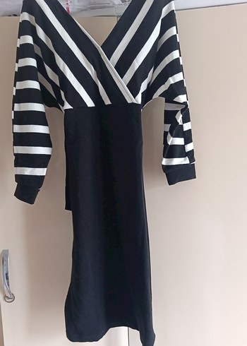 Çizgili Siyah Uzun Kollu Uzun Elbise - Görsel 2