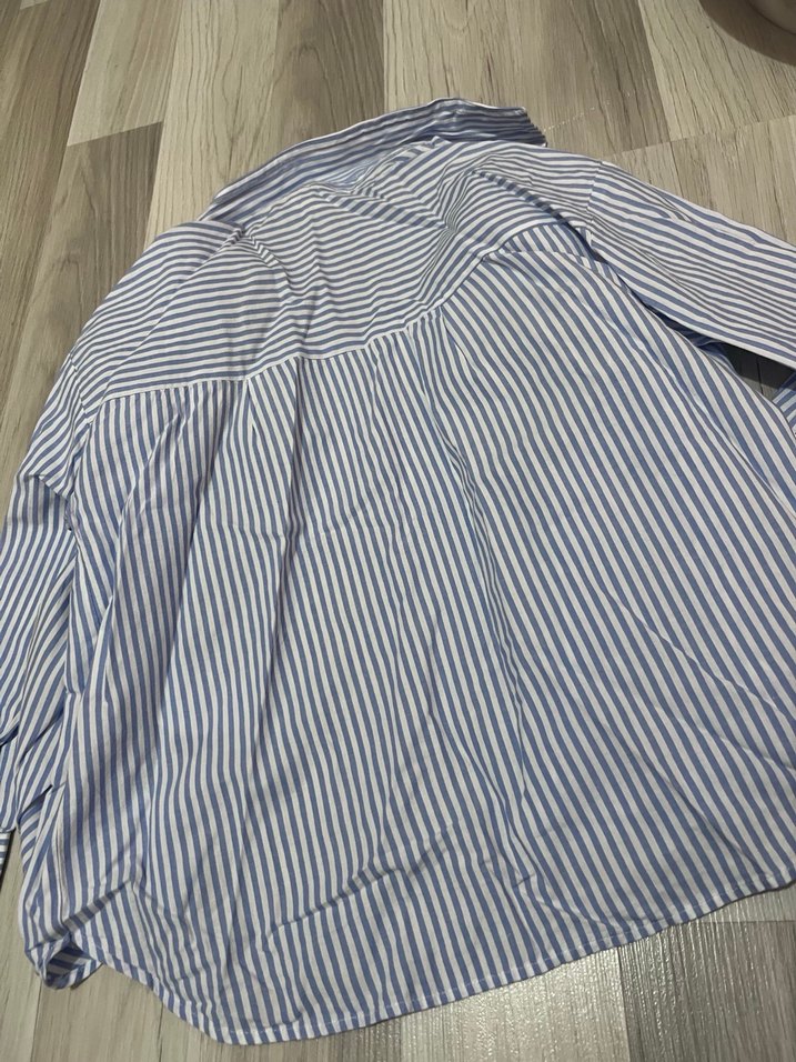 Uzun Kollu Mavi Çizgili Pamuklu Gömlek - Görsel 3