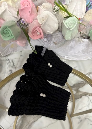 Siyah Örgü Kadın Eldiveni İnci Detaylı - Görsel 2