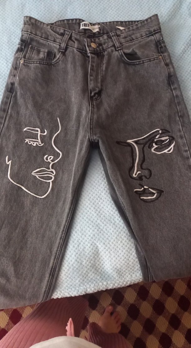 Gri Baskılı Salaş Midi Kadın Kot Pantolon - Görsel 3