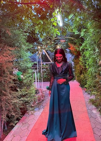 Turkuaz V Yaka Uzun Kollu Kadın Abiye Elbise - Görsel 4