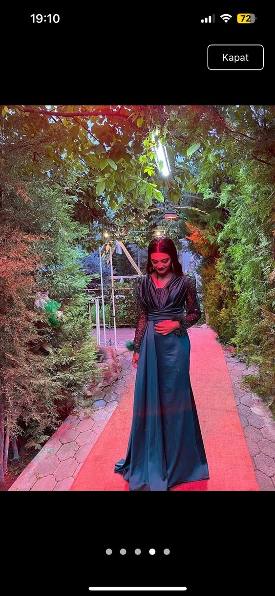 Turkuaz V Yaka Uzun Kollu Kadın Abiye Elbise - Görsel 4