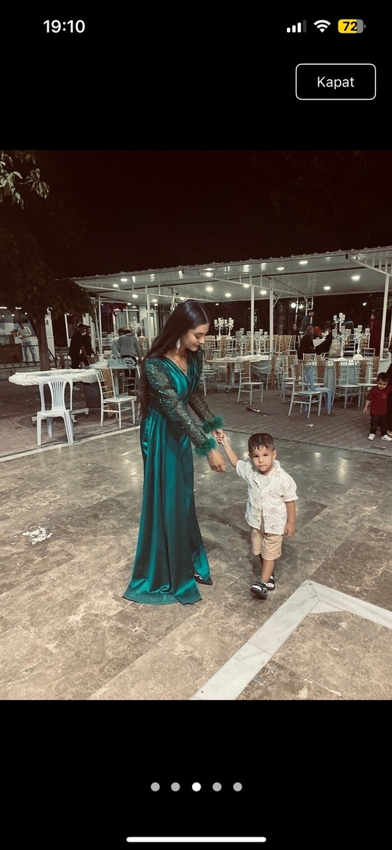 Turkuaz V Yaka Uzun Kollu Kadın Abiye Elbise - Görsel 3