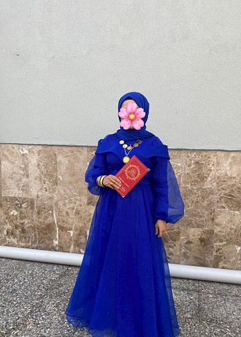 Uzun Kollu Etnik Desenli Mavi Tesettür Abiye - Görsel 2