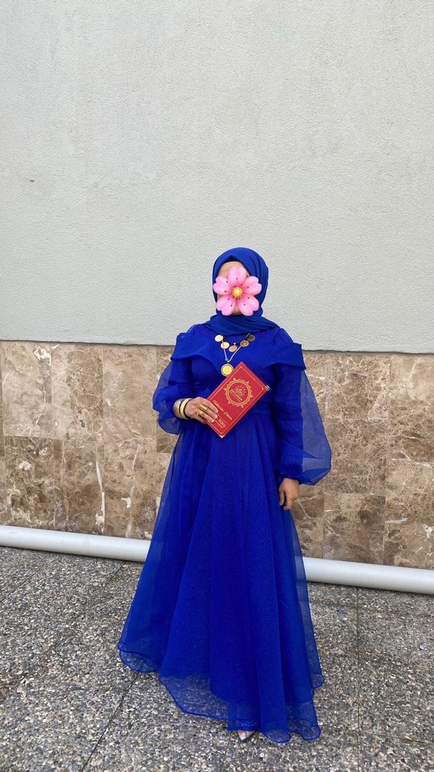 Uzun Kollu Etnik Desenli Mavi Tesettür Abiye - Görsel 2