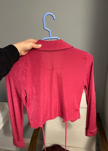 Düğmeli Pembe Uzun Kollu crop Kadın Bluz - Görsel 3