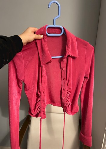 Düğmeli Pembe Uzun Kollu crop Kadın Bluz - Görsel 2