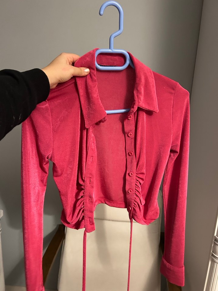 Düğmeli Pembe Uzun Kollu crop Kadın Bluz - Görsel 2