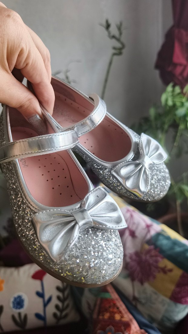 Kız Çocuk 28 Numara Gümüş Simli Fiyonklu Babet Ayakkabı - Görsel 5