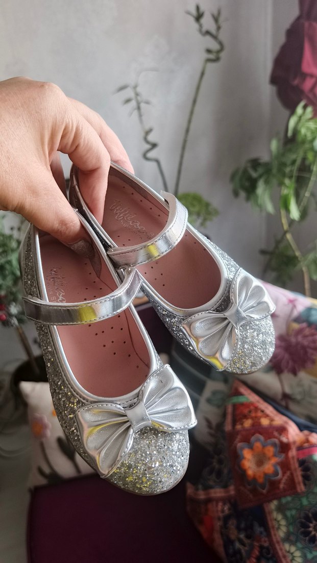 Kız Çocuk 28 Numara Gümüş Simli Fiyonklu Babet Ayakkabı - Görsel 2