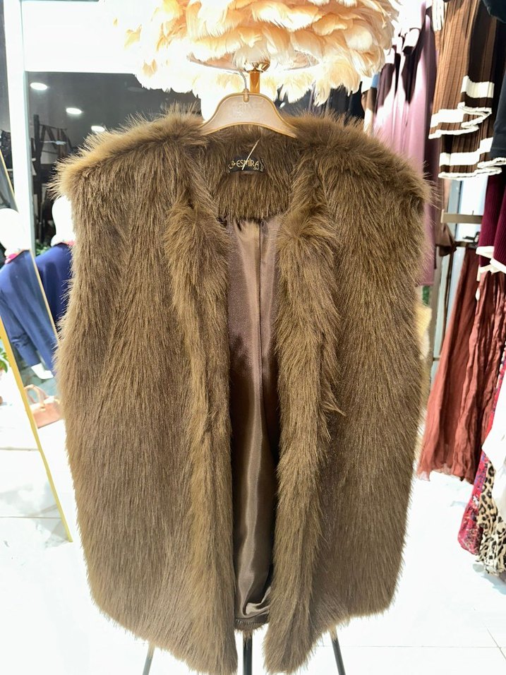 Kemerli Premium Kürk Yelek  Kahve  Sıfır Etiketli - Görsel 4