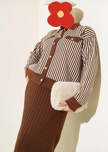 Kahve Çizgili Gold Düğmeli İkili Takım  Yumuşak Triko - Görsel 2