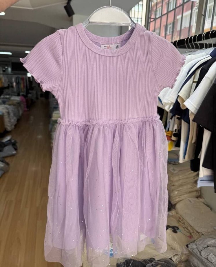 Kız Çocuk Lila Kısa Kollu Pilili Elbise - Görsel 2