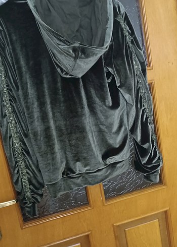 haki kadife Kadın Fermuarlı kapüşonlu - Görsel 4