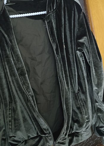 haki kadife Kadın Fermuarlı kapüşonlu - Görsel 2