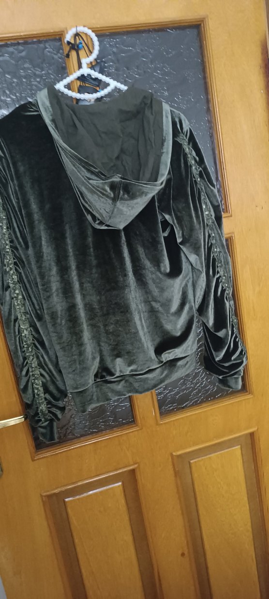 haki kadife Kadın Fermuarlı kapüşonlu - Görsel 4